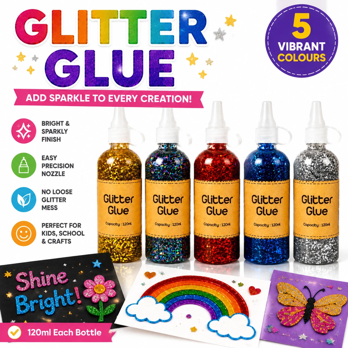 5X Craft Glitter Glue 120ml Coloured Gel Kids Crafts Scrapbooking School Project