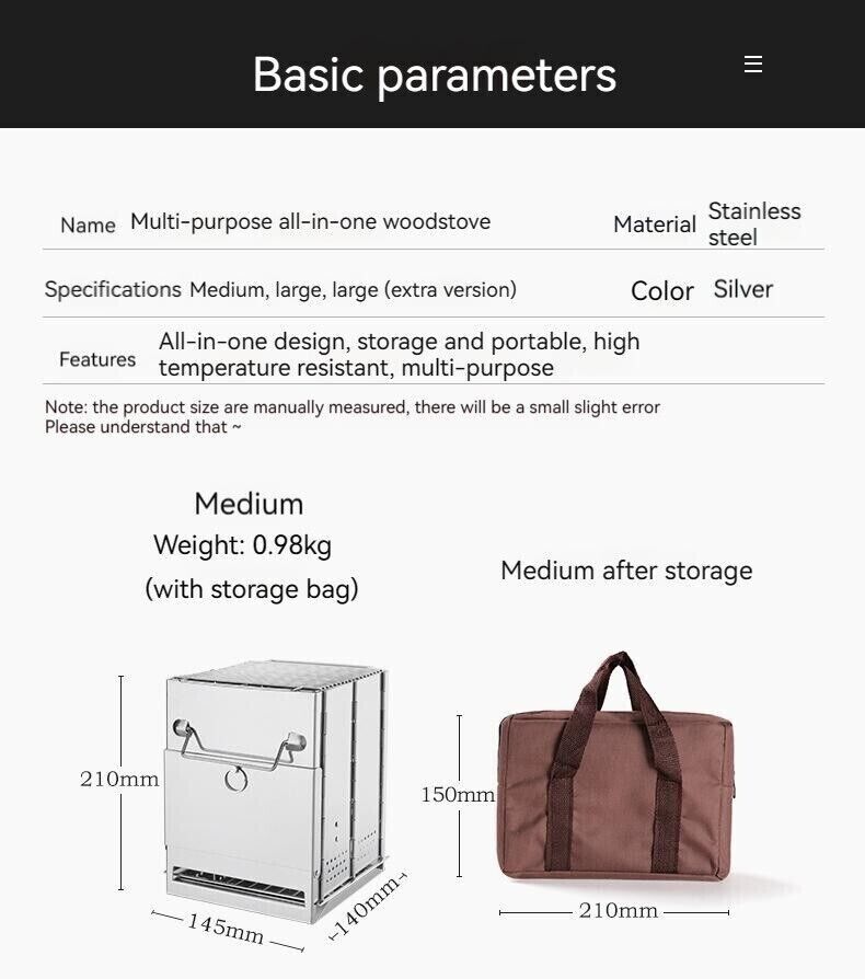 Outdoor Camping Mini Fold Wood Burner Stainless Steel Grill BBQ Picnic Charcoal