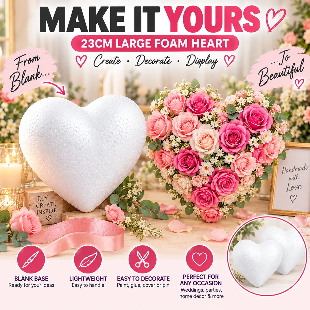 2 Pack 23cm Large Foam Heart Polystyrene Blank DIY Craft Wedding Floral Decor Base