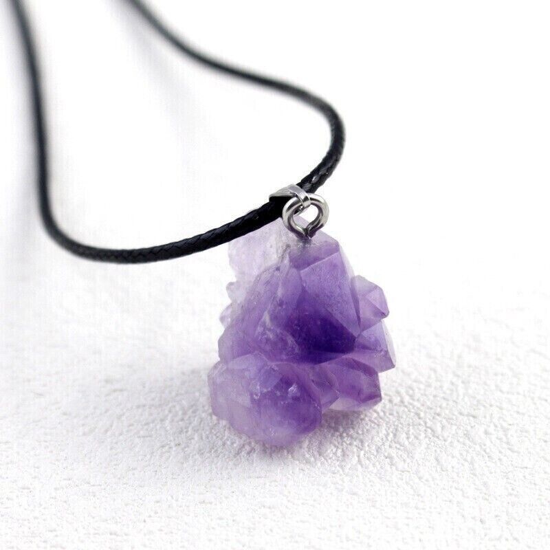 Fashion Irregular Amethyst Pendant Raw Stone Necklace Wax Rope Lady Jewelley