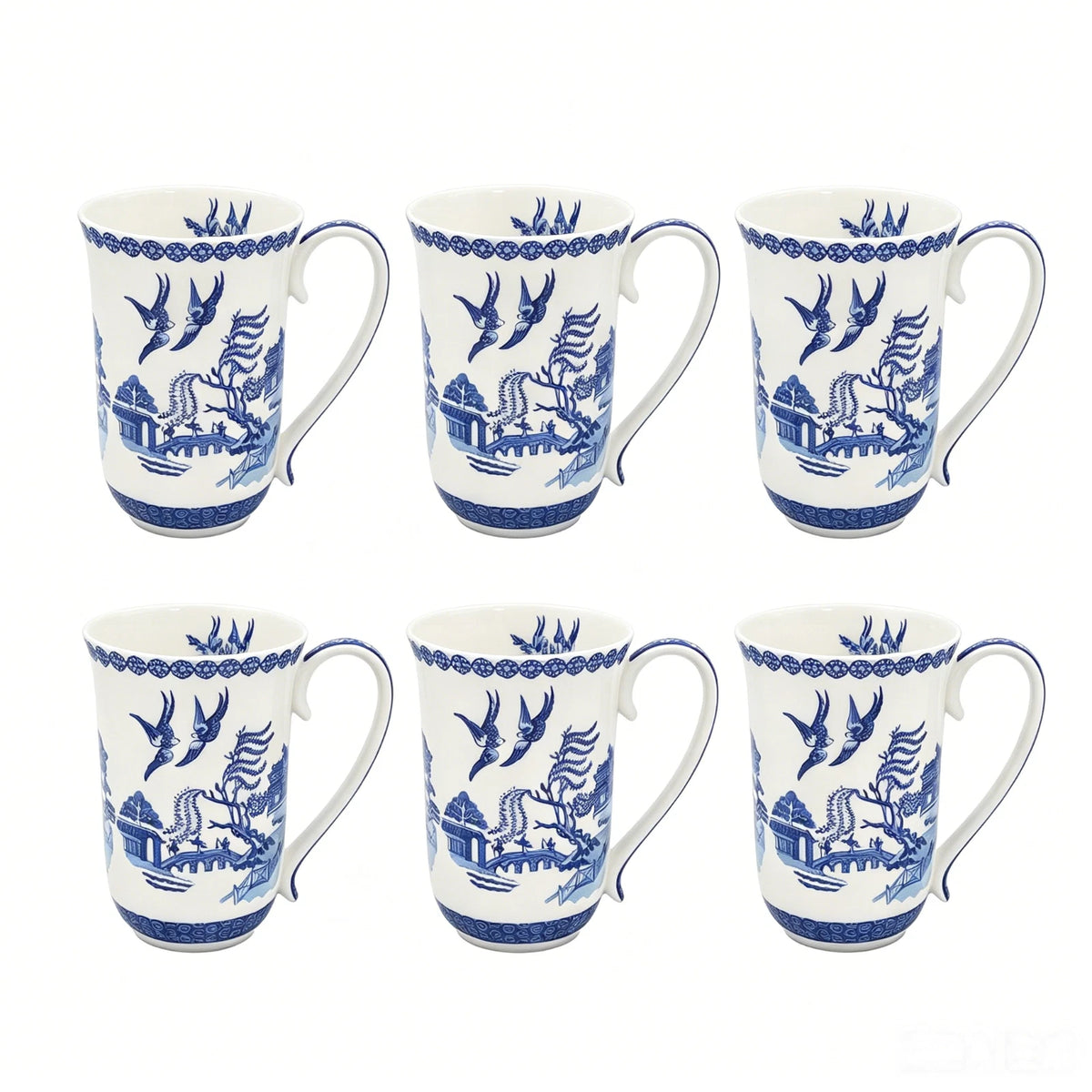 1-6x Classic Blue & White Willow Pattern Mug 405cc Porcelain Tea Coffee Cup Gift Set