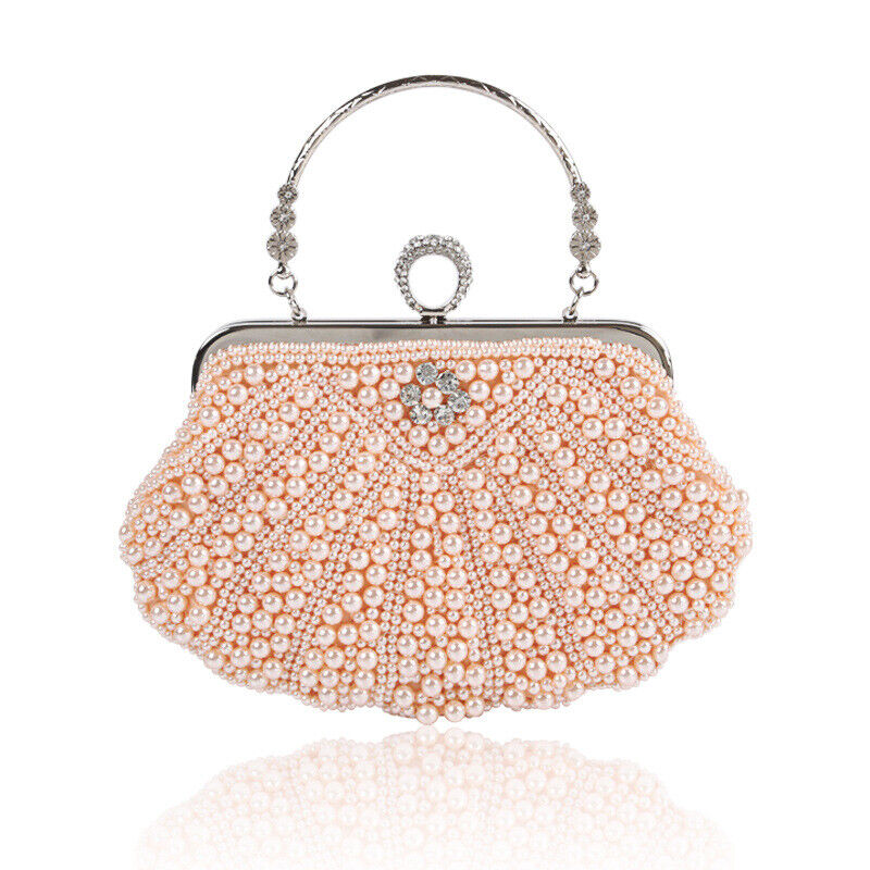 Women Sparkling Faux Pearl Bead Top Handle Bag Wedding Prom Party Evening Clutch