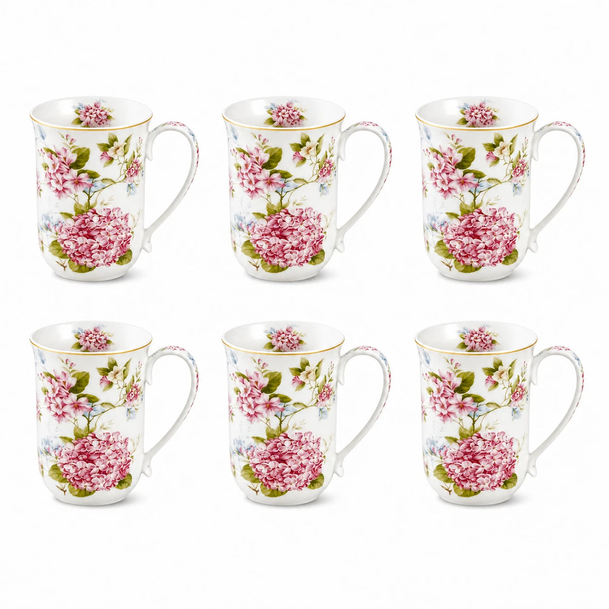 1-6x 405ml Fine Porcelain Mug Pink Hydrangea Floral Tea Coffee Cup Gift Home Office