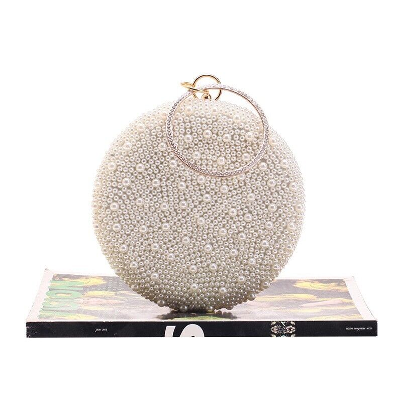 Fashion Woman Pearl Rhinestone Round Elegant Wedding Clutch Evening Party Bag