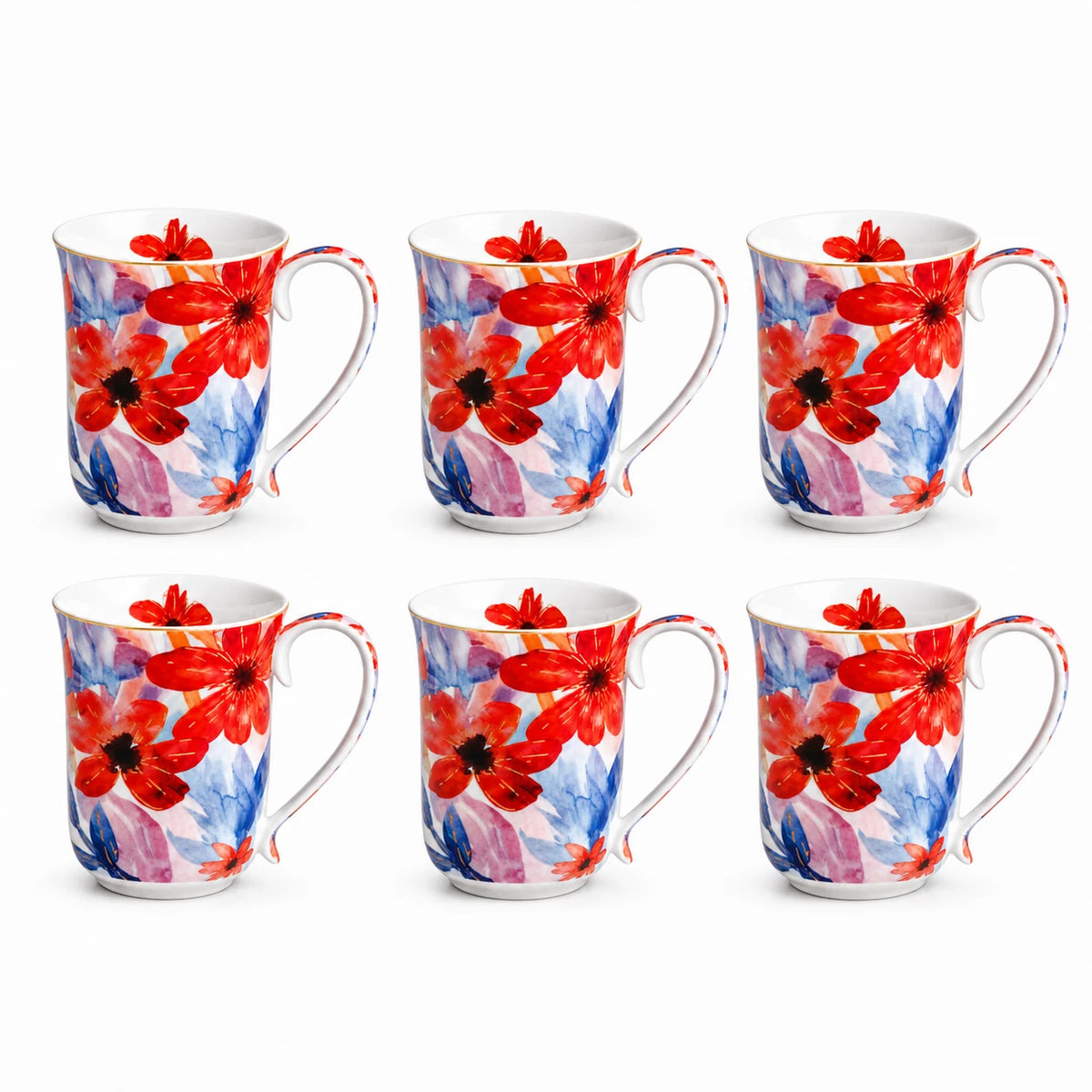 1-6x Watercolour Flora Fine Porcelain Coffee Mug 405cc Coral Flowers Tea Cup