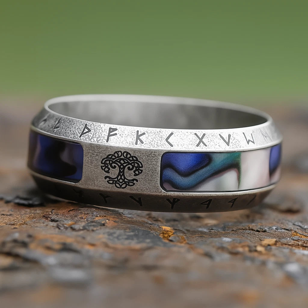 Men Viking Tree of Life Ring Abalone Nordic Engraved Rune Yggdrasil Symbol Band R351