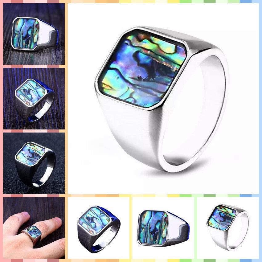 Men Retro Abalone Shell Signet Ring Ocean-Inspired Blue & Green Inlay Vintage Statement Unique Gift # R276