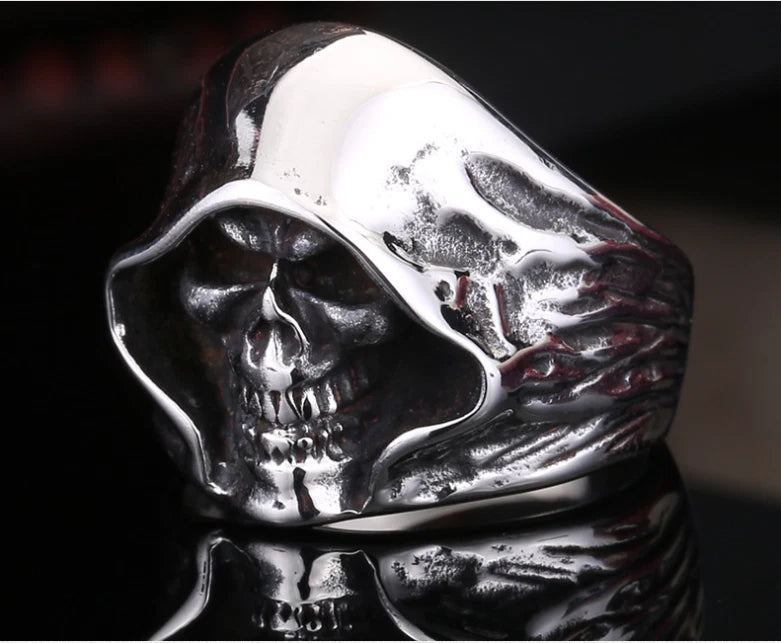 Men Grim Reaper Skull Ring Gothic Hooded Skeleton Design Biker Silver Tone Band # R87
