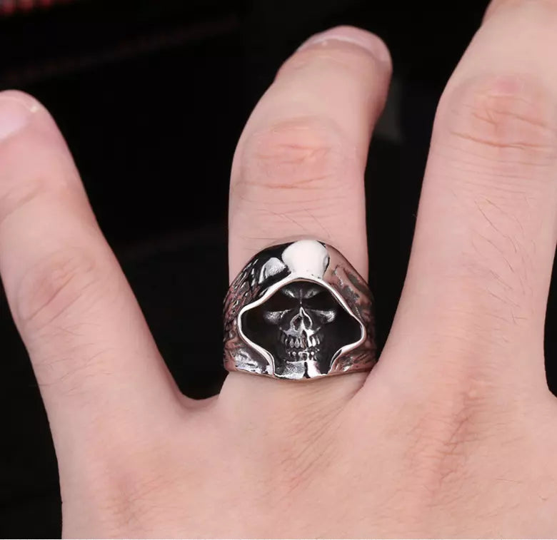 Men Grim Reaper Skull Ring Gothic Hooded Skeleton Design Biker Silver Tone Band # R87