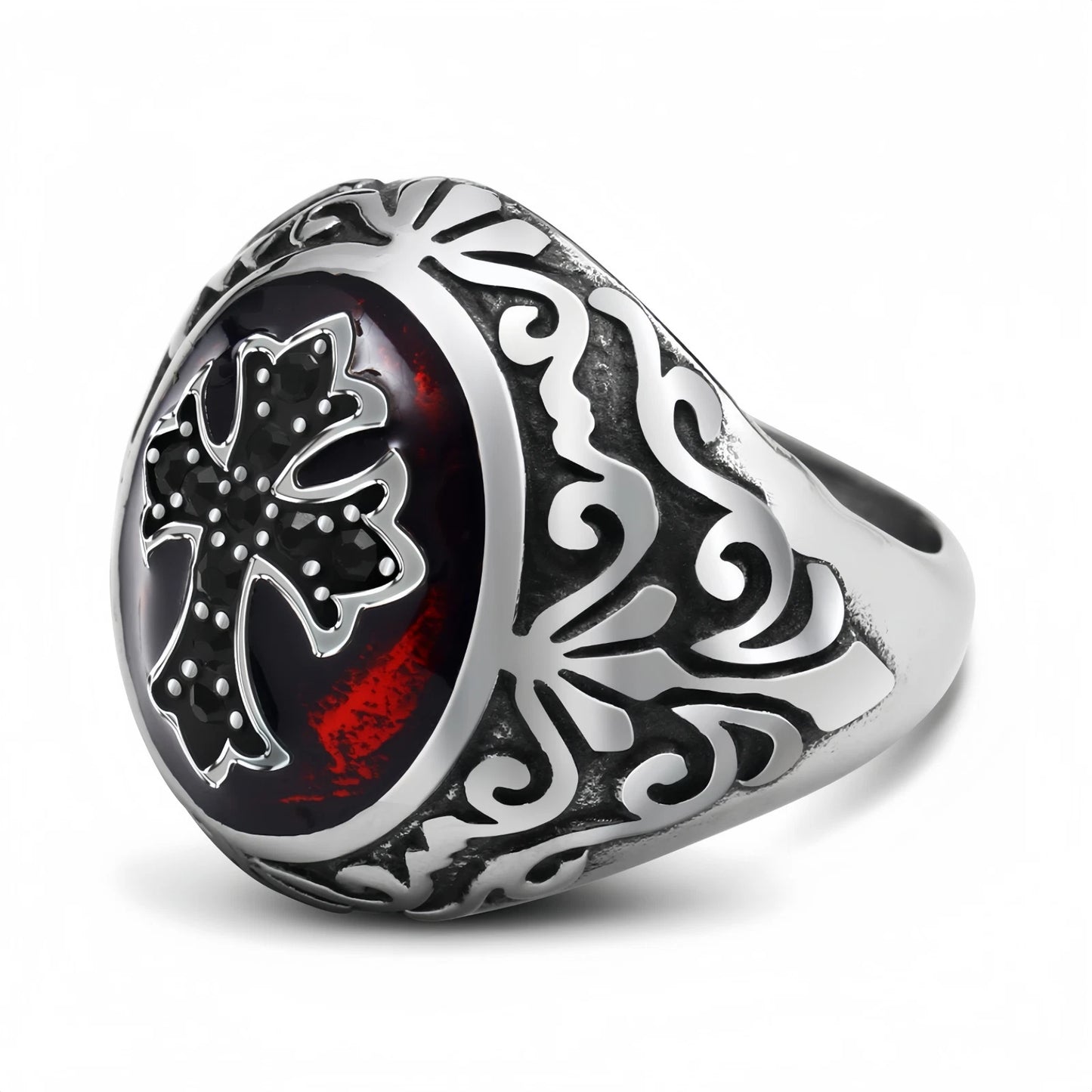 Men Gothic Cross Ring Silver with Black Cross & Red Inlay Punk Biker Signet Band # R37