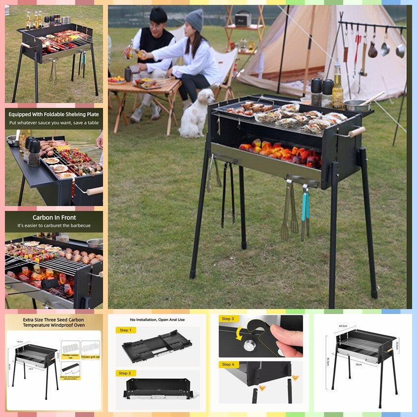 Large Windshield Charcoal BBQ Grill Portable Foldable Camping Outdoor Barbecue
