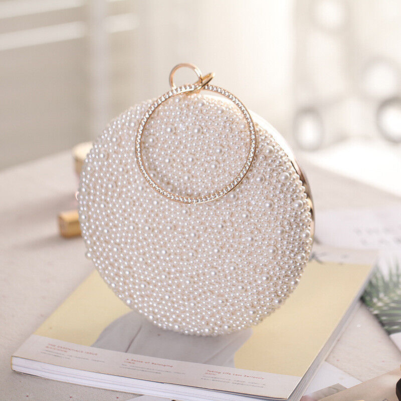 Fashion Woman Pearl Rhinestone Round Elegant Wedding Clutch Evening Party Bag