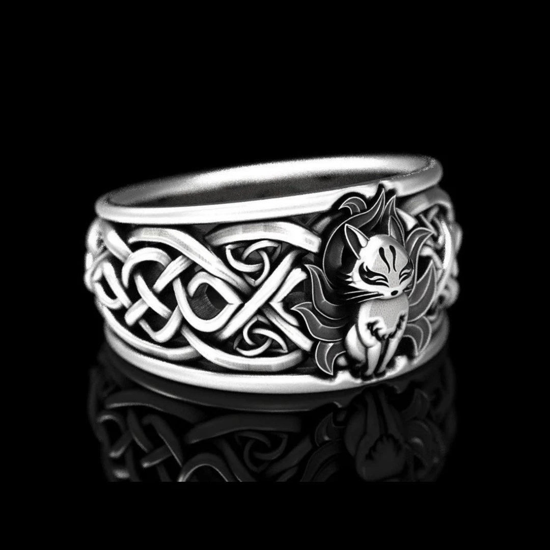 Men Nine-tailed Fox Ring Mythical Spirit Animal Jewelry Celtic Knot Wide Band # R256
