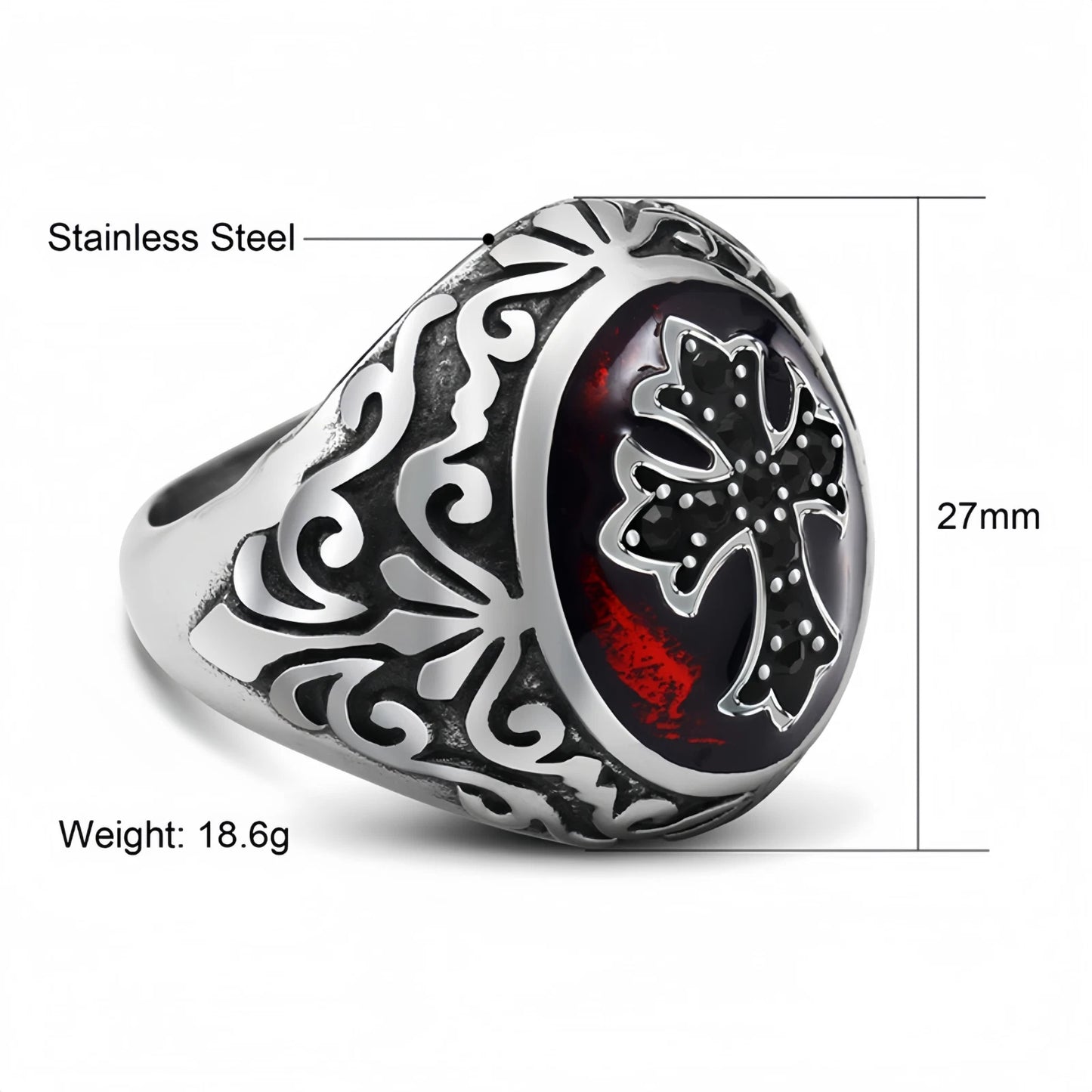 Men Gothic Cross Ring Silver with Black Cross & Red Inlay Punk Biker Signet Band # R37