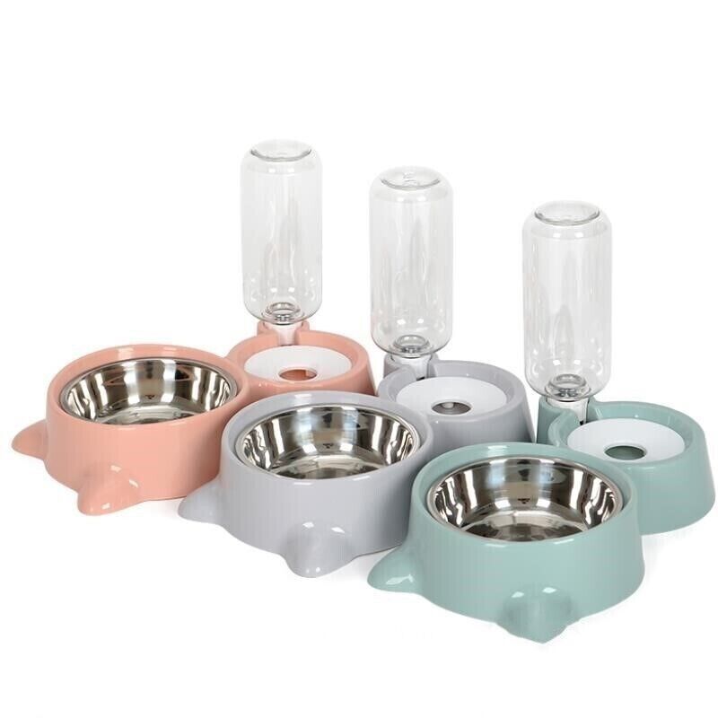 Pet Plastic Stainless 2 in 1 Bowls Auto Refill Water Dog Cat Eating Drinking