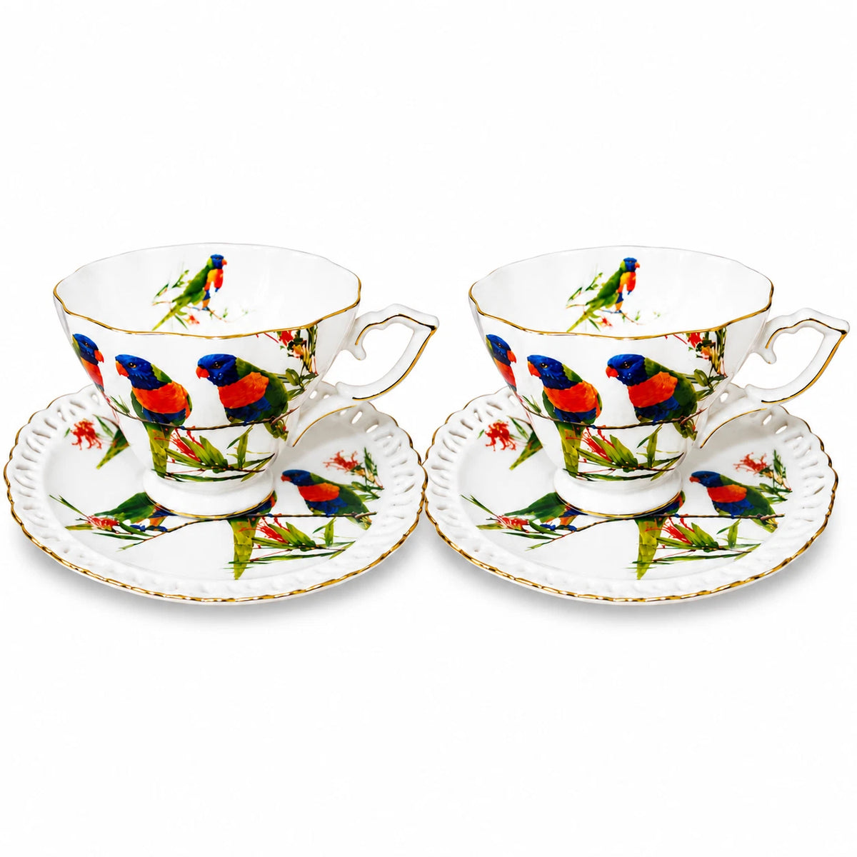 Set of 2 Cups & Saucers 250cc Rainbow Lorikeets Bird Fine Porcelain Gift Box