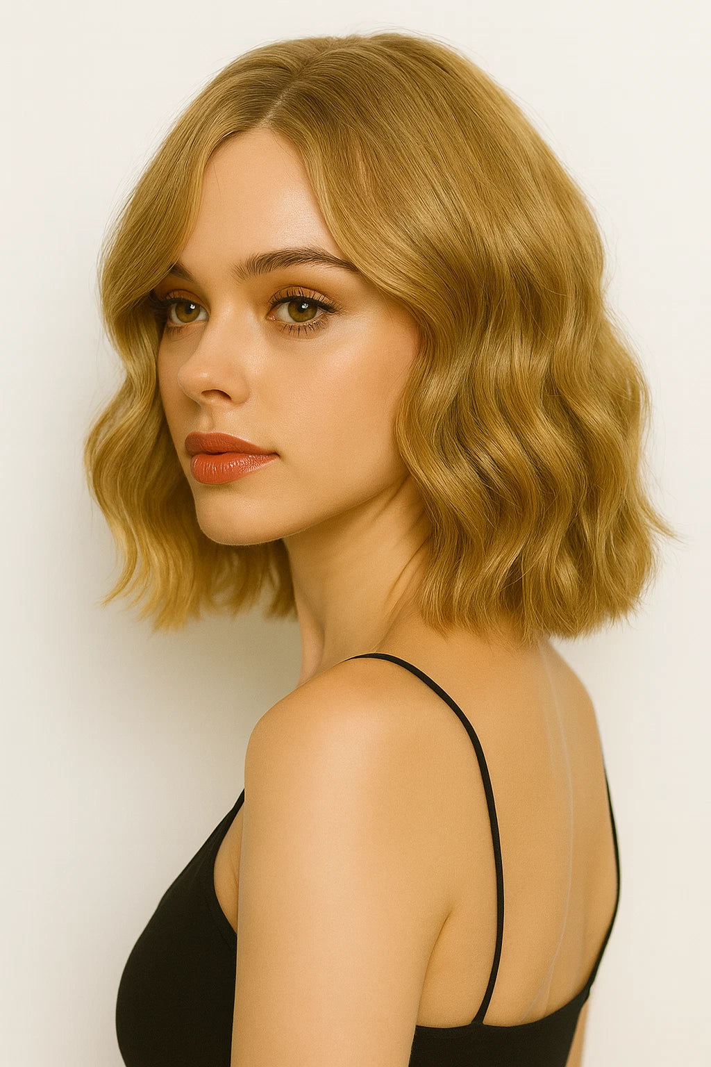 Women Shoulder Length Synthetic Hair with Middle Part Short Blonde Wavy Bob Wig # 1291