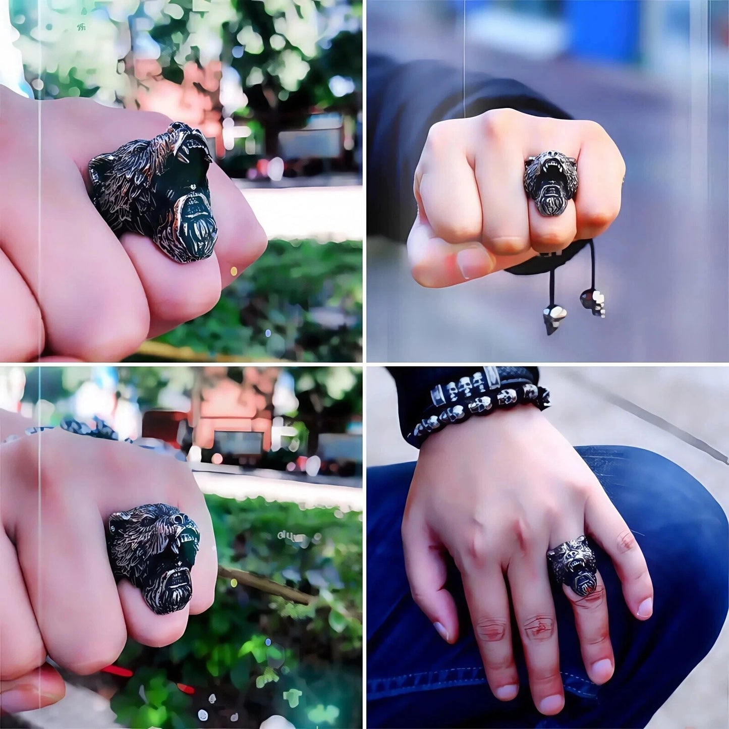 Men's Premium Norse Viking Ring Bear Head & Warrior Gothic Punk Style Biker Band # R96