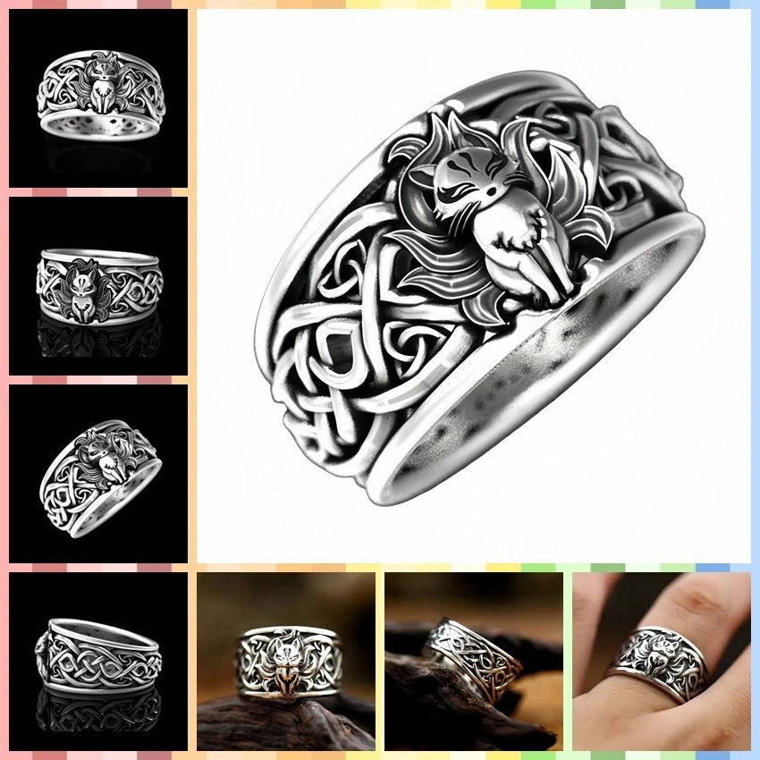 Men Nine-tailed Fox Ring Mythical Spirit Animal Jewelry Celtic Knot Wide Band # R256