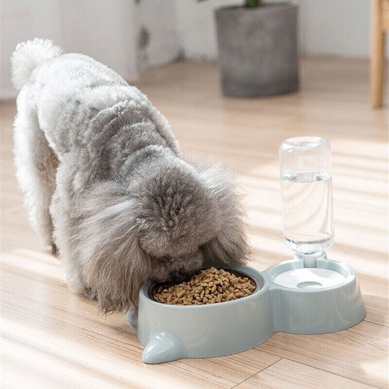 Pet Plastic Stainless 2 in 1 Bowls Auto Refill Water Dog Cat Eating Drinking