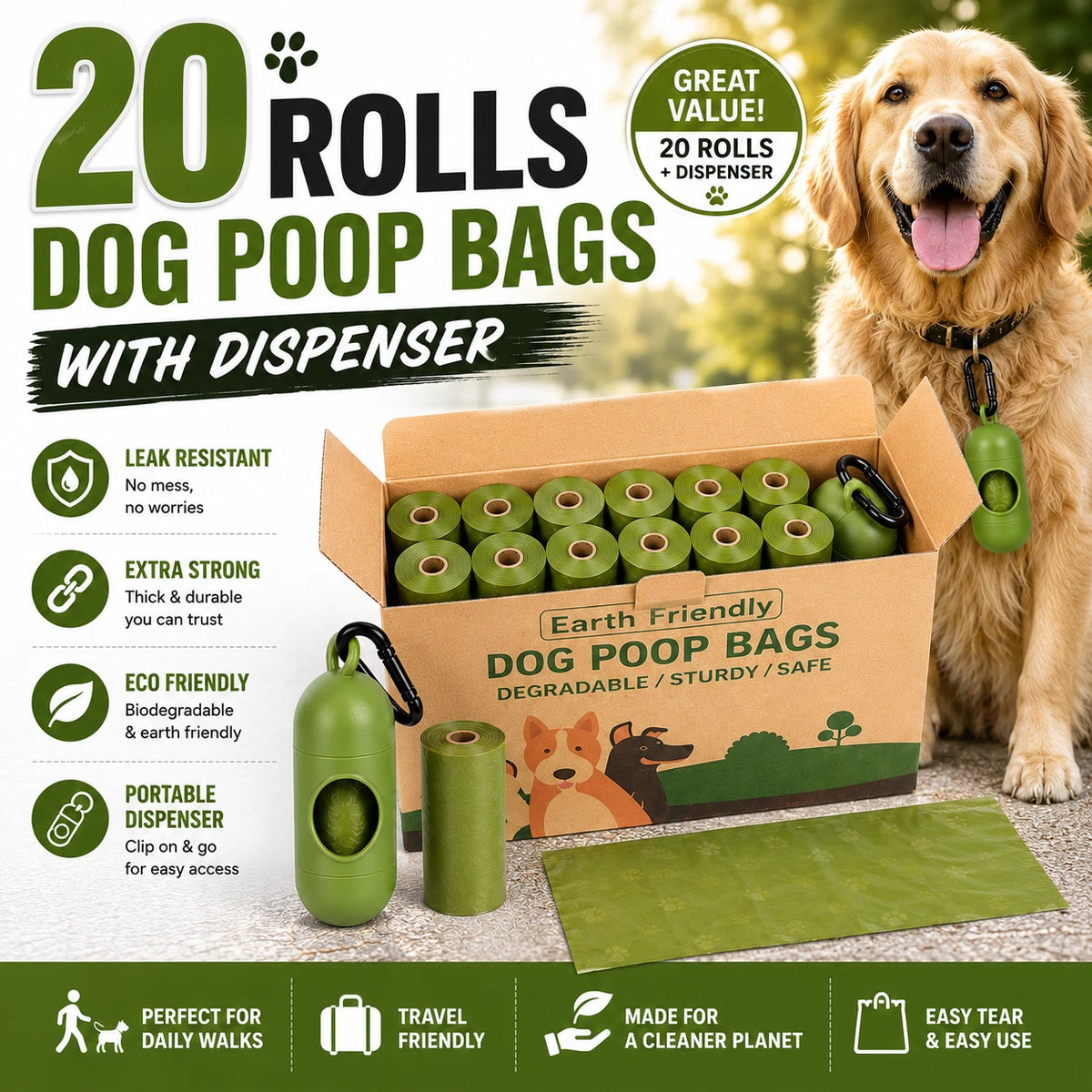Share 20 Rolls Dog Poop Bags with Dispenser Strong Leak Resistant Waste Bags Easy Tear