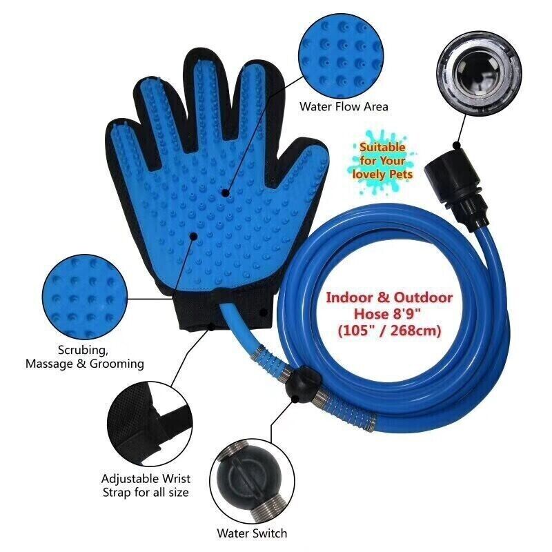 Pet Bathing Massaging Glove 5 Fingers With Tube Spray Cleaning Brush Tool Shower