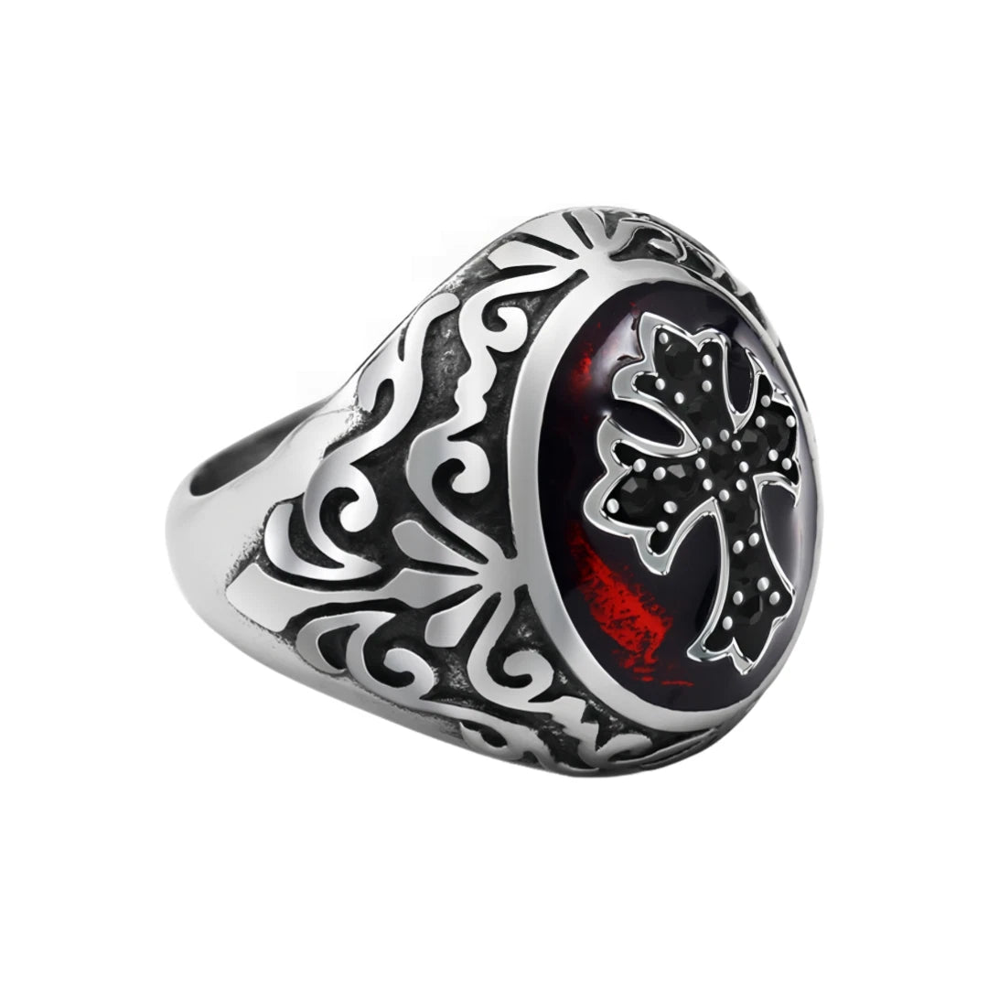 Men Gothic Cross Ring Silver with Black Cross & Red Inlay Punk Biker Signet Band # R37