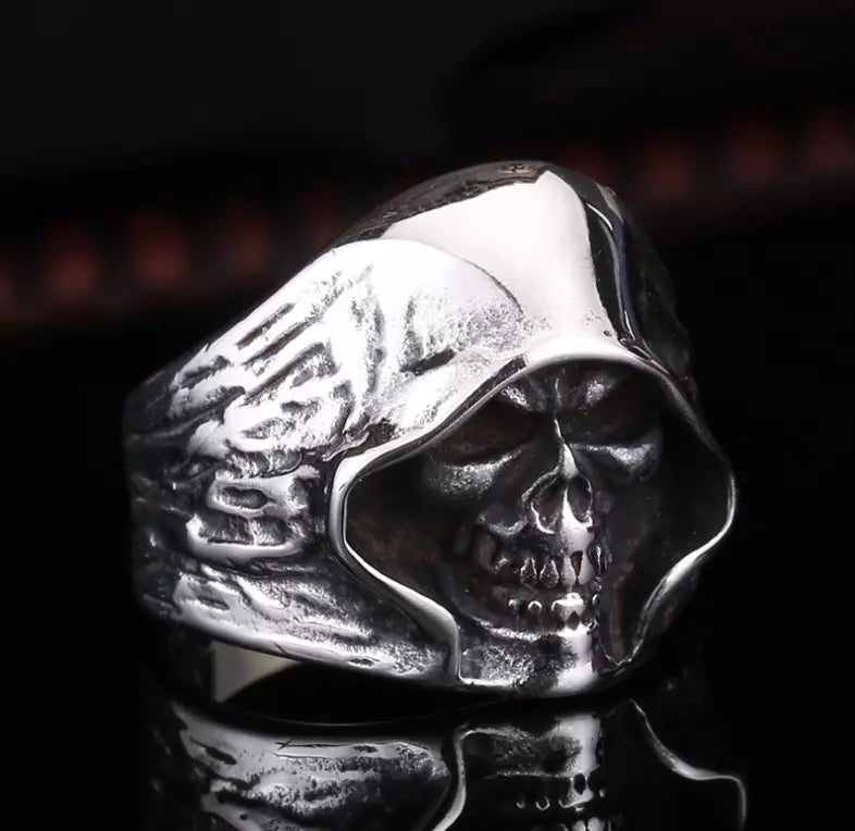 Men Grim Reaper Skull Ring Gothic Hooded Skeleton Design Biker Silver Tone Band # R87