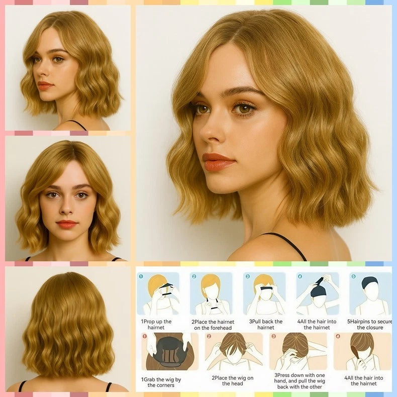 Women Shoulder Length Synthetic Hair with Middle Part Short Blonde Wavy Bob Wig # 1291