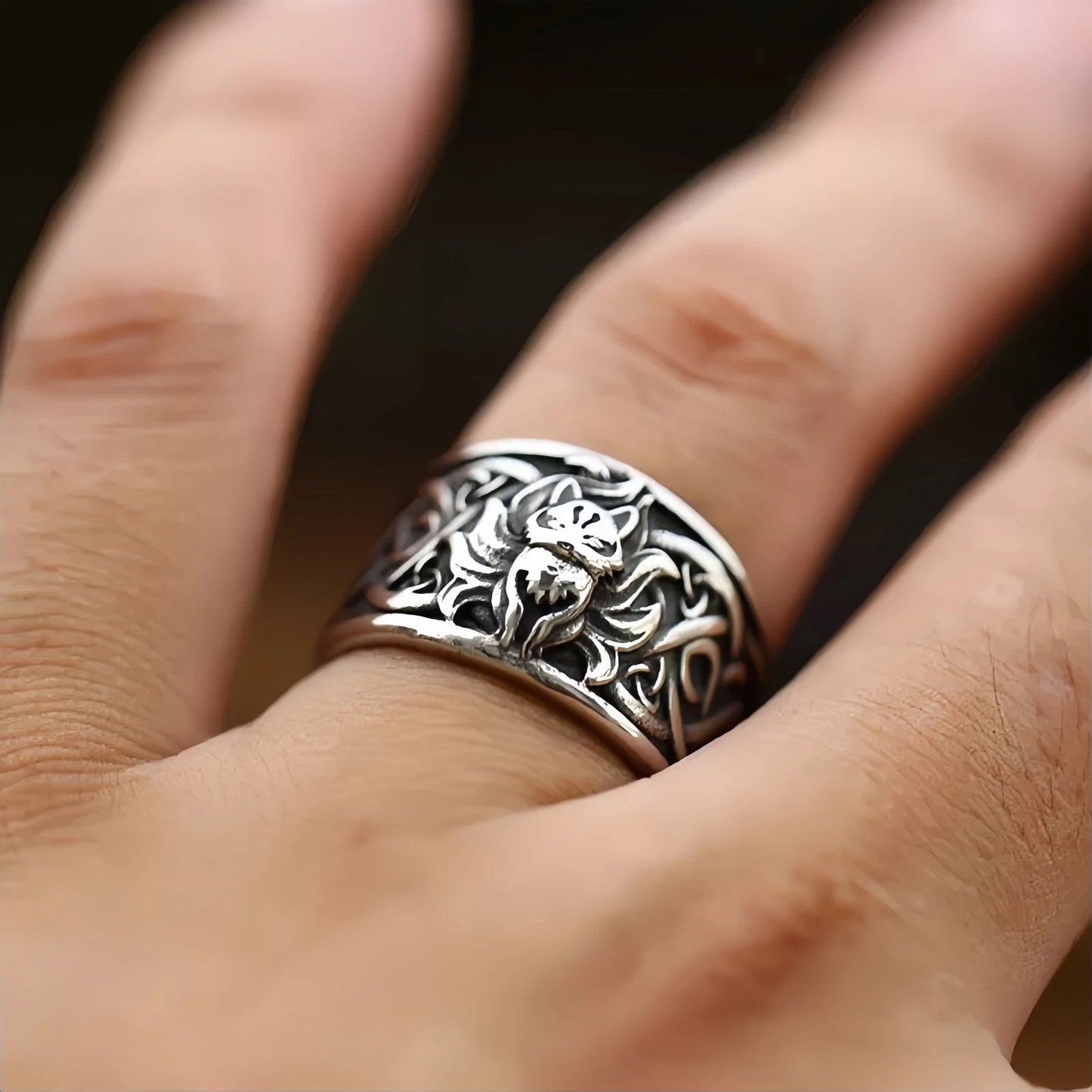Men Nine-tailed Fox Ring Mythical Spirit Animal Jewelry Celtic Knot Wide Band # R256