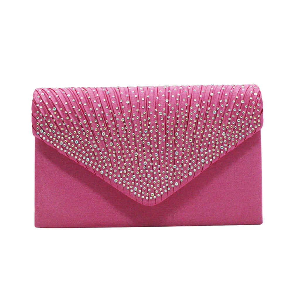 Women Rhinestone Satin Evening Clutch Bag Wedding Party Formal Bridal Handbag 12 Colour