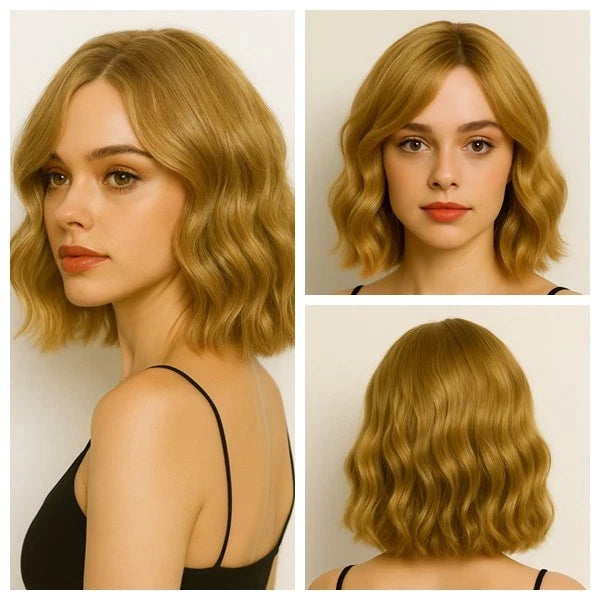 Women Shoulder Length Synthetic Hair with Middle Part Short Blonde Wavy Bob Wig # 1291