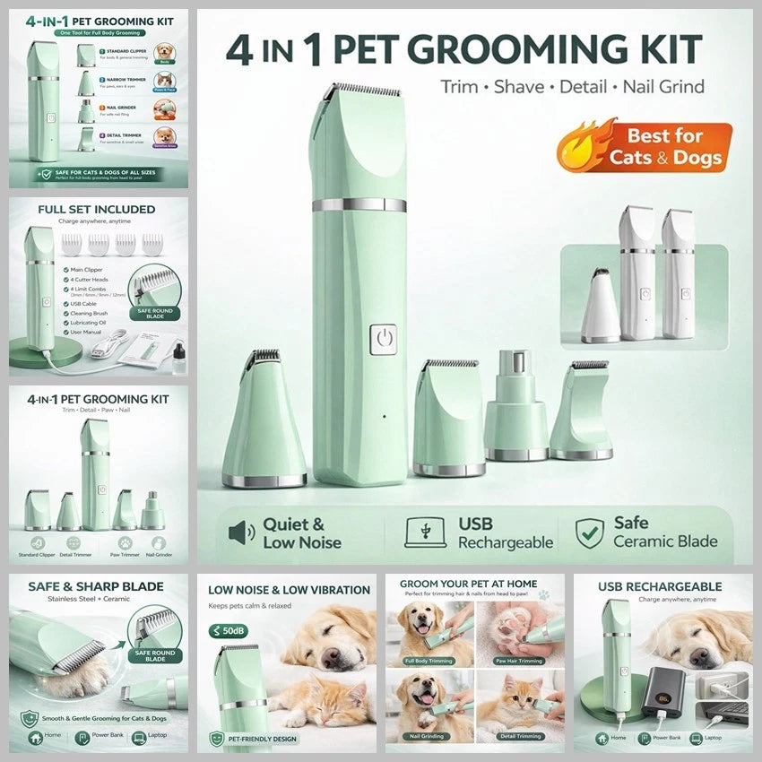4 in 1 Pet Grooming Clipper Kit Dog Cat Hair Trimmer Nail Grinder Low-noise USB