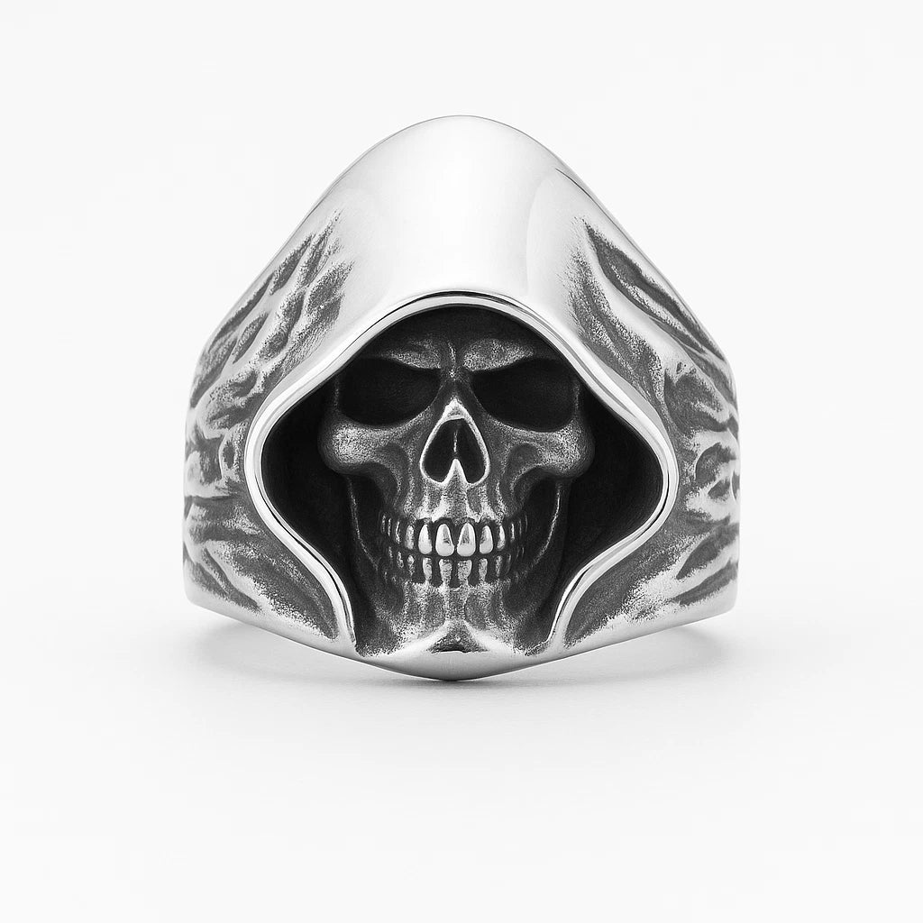 Men Grim Reaper Skull Ring Gothic Hooded Skeleton Design Biker Silver Tone Band # R87