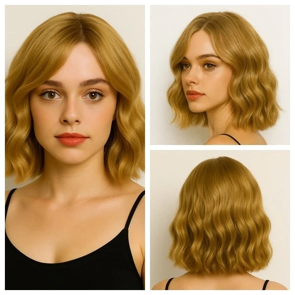 Women Shoulder Length Synthetic Hair with Middle Part Short Blonde Wavy Bob Wig # 1291