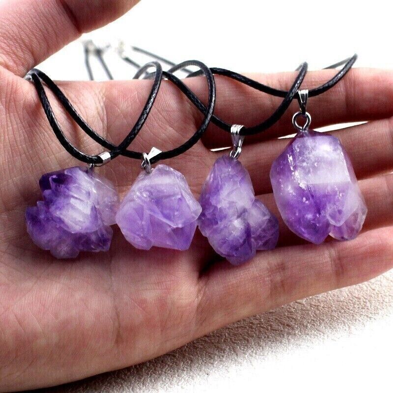 Fashion Irregular Amethyst Pendant Raw Stone Necklace Wax Rope Lady Jewelley