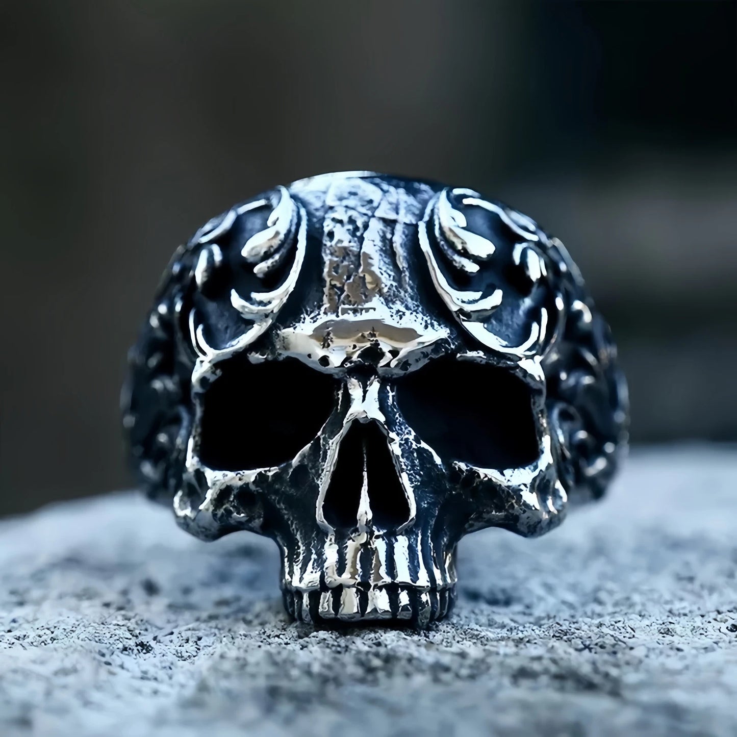 Men Gothic Skull Ring Detailed Carved Skeleton Design Vintage Silver Plated Band # R288