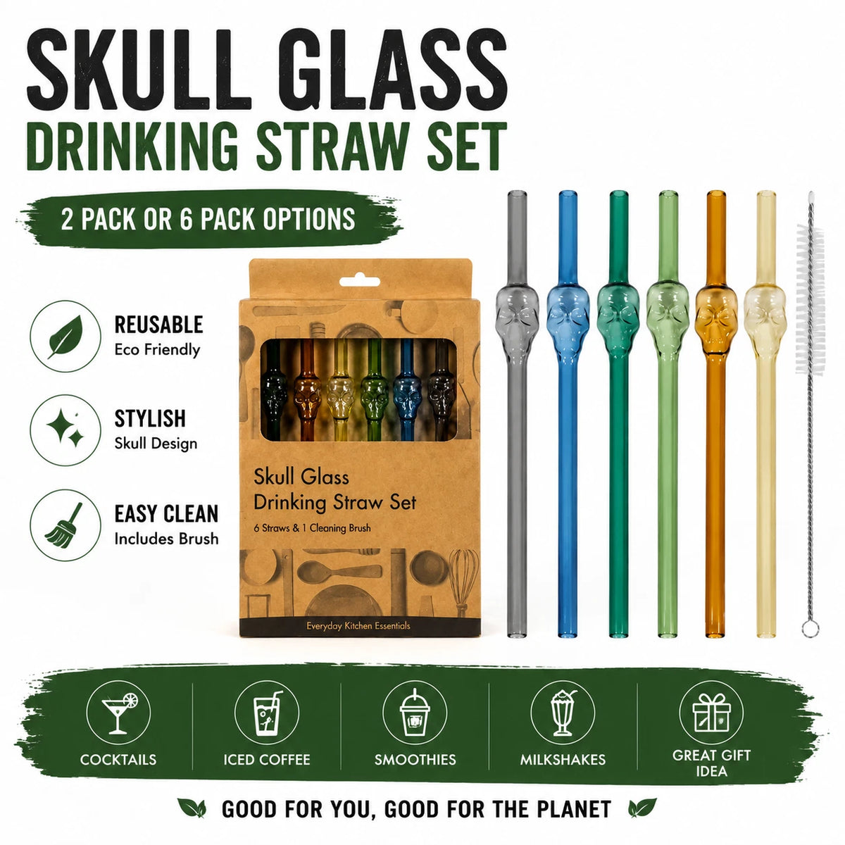 6PCS Skull Glass Drinking Straws 20cm Reusable Cocktail Barware Cleaning Brush