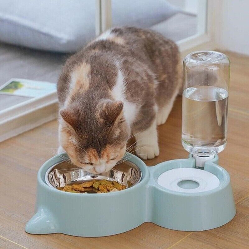 Pet Plastic Stainless 2 in 1 Bowls Auto Refill Water Dog Cat Eating Drinking