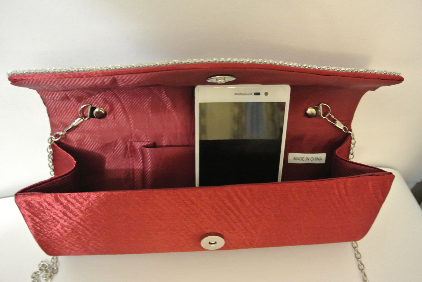 NEW Shining Satin Lady Evening Clutch Bag Wedding Bridal Chain Handbag Wine Red