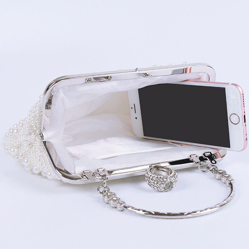 Women Sparkling Faux Pearl Bead Top Handle Bag Wedding Prom Party Evening Clutch