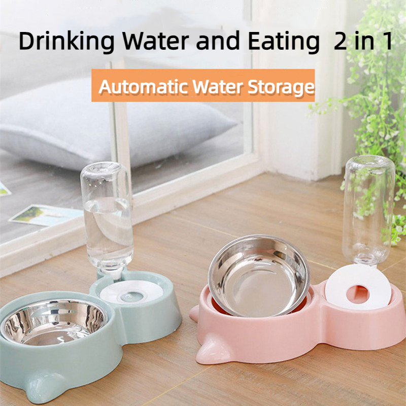 Pet Plastic Stainless 2 in 1 Bowls Auto Refill Water Dog Cat Eating Drinking