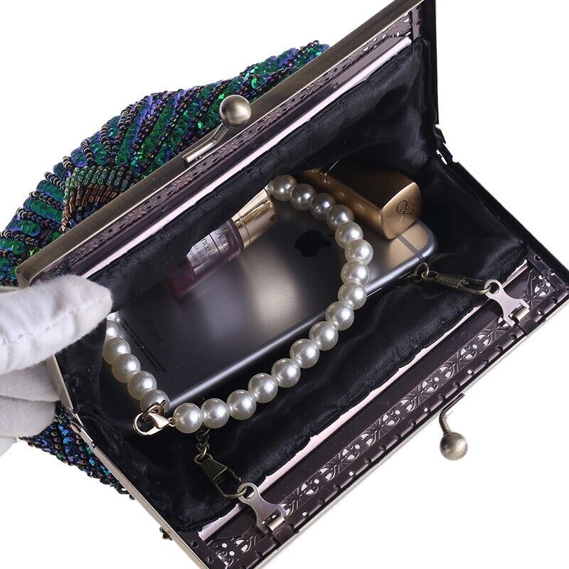 Women Bridal Metal Frame Sequined Bead Party Wedding Handbag Prom Evening Clutch