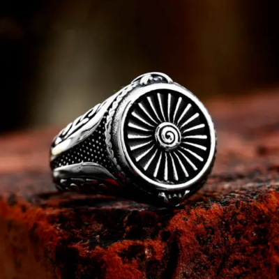 Men Silver Tone Nordic Viking Sun Wheel Signet Ring Norse SpiralAmulet Symbol of Strength & Protection # R328