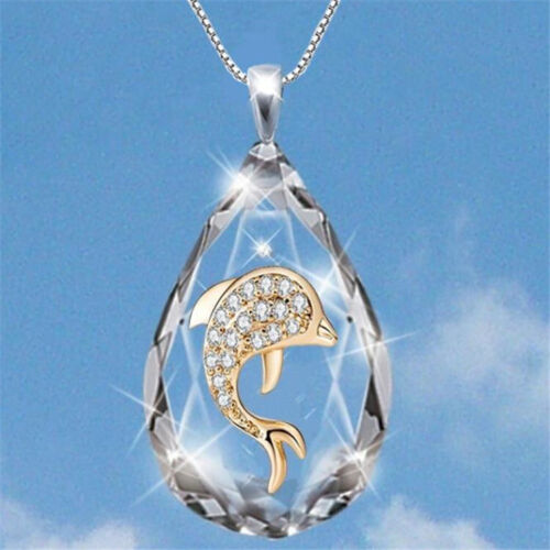 Fashion Dolphin Teardrop Crystal Necklace Stainless Steel Pendant Necklace Gift