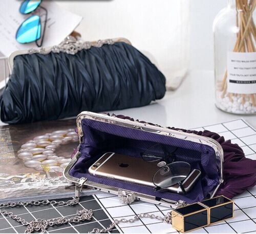 Women Satin Wedding Party Bag Bridal Cocktail Prom Pleated Dinner Evening Clutch