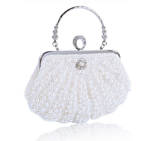 Women Sparkling Faux Pearl Bead Top Handle Bag Wedding Prom Party Evening Clutch