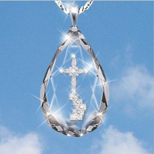Jesus Cross Teardrop Crystal Necklace Stainless Steel Pendant Necklace gift