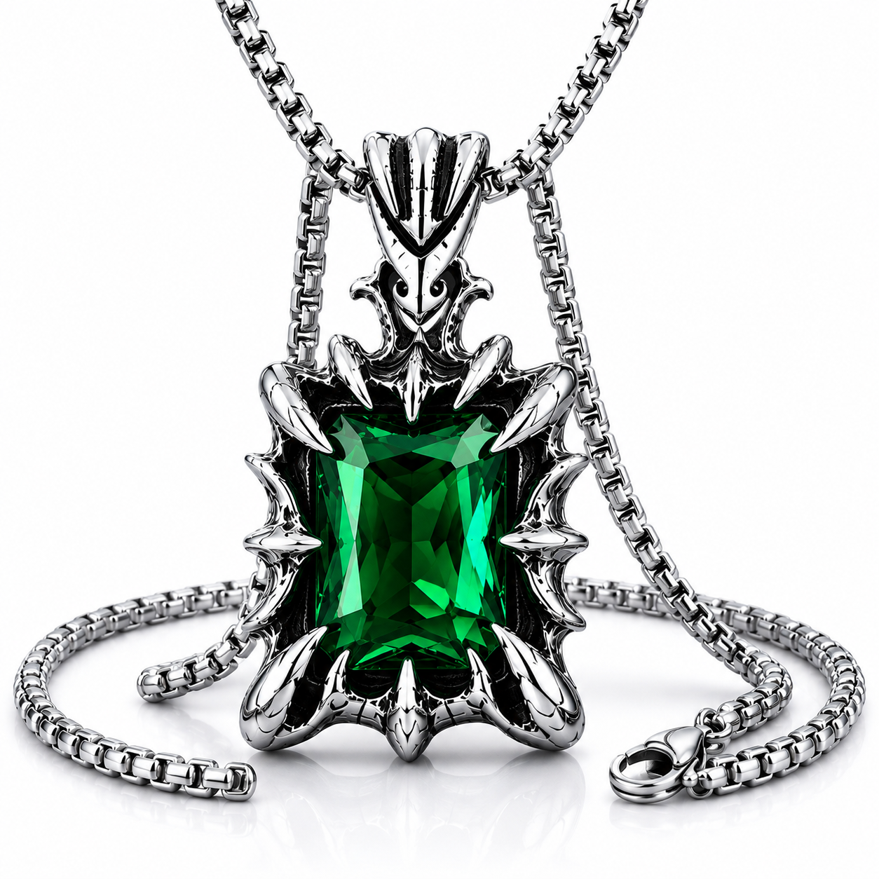 Retro Fantasy Vintage Gothic Crystal Pendant Necklace Dark Silver Stainless Steel Chain Blue Green Red Black Gem PN0029