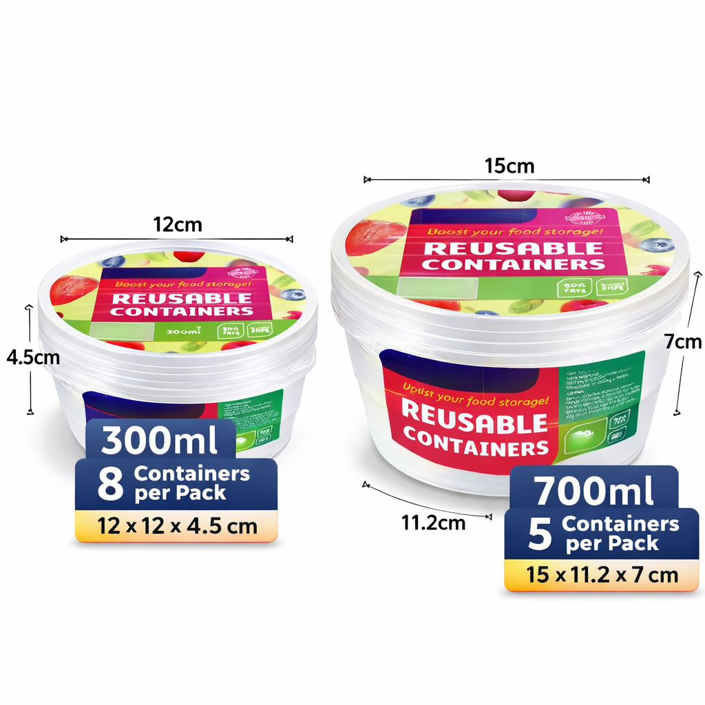 Round Reusable Food Container 300 / 700ml BPA Free Microwave Safe Takeaway with Lid # KIT 309597 / KIT 309603
